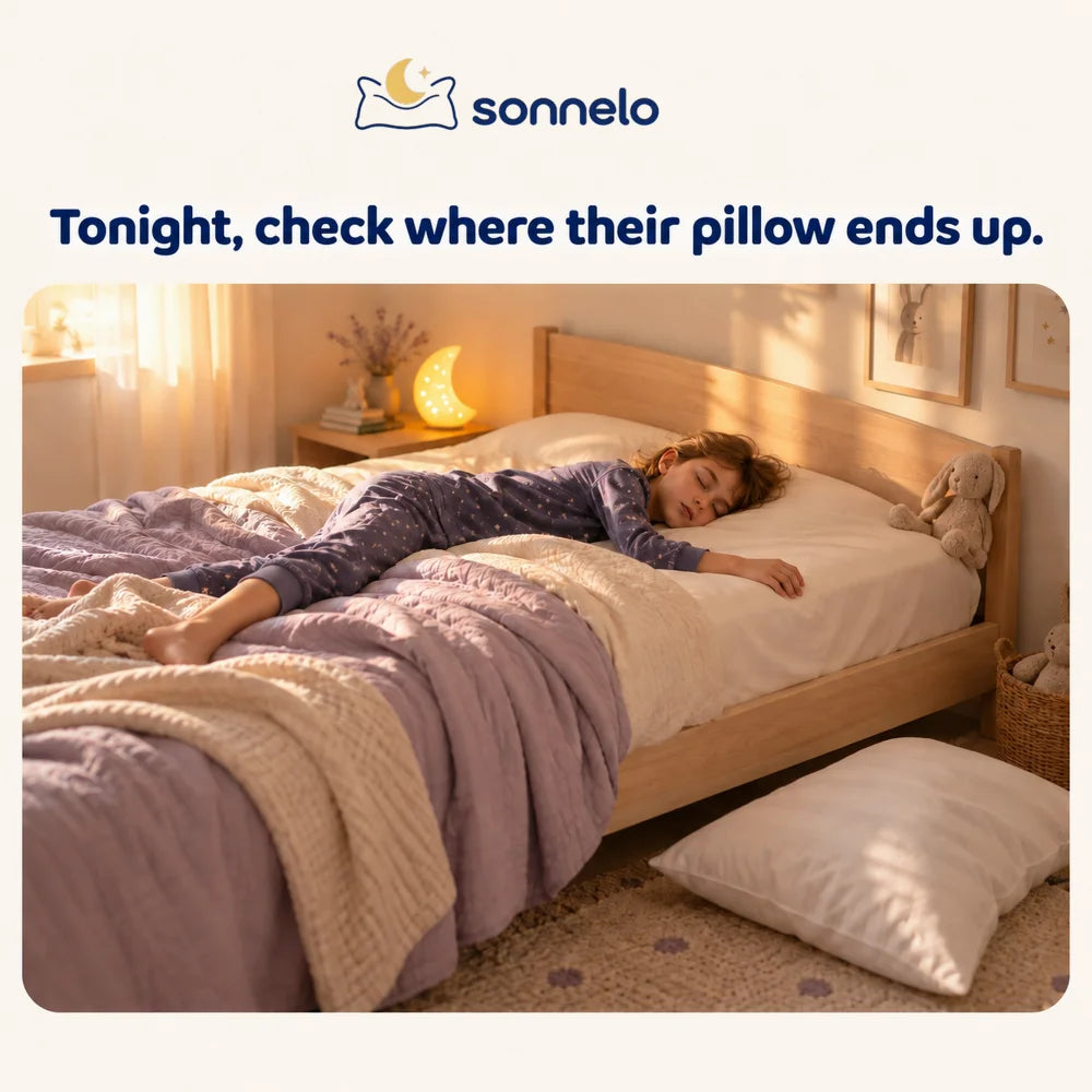 Child asleep sideways, pillow fallen on the floor